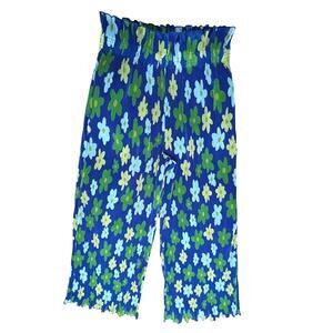 Retro Floral Pleated Wide Leg Pants Blue Green Y2K Statement Size M